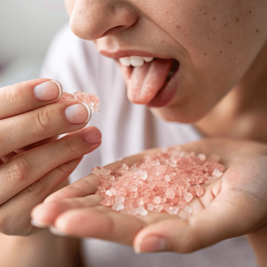 Unlocking the Benefits of Pink Salt: The Science Behind the Popular 'Under Tongue' Trick 1 Person placing pink salt under their tongue
