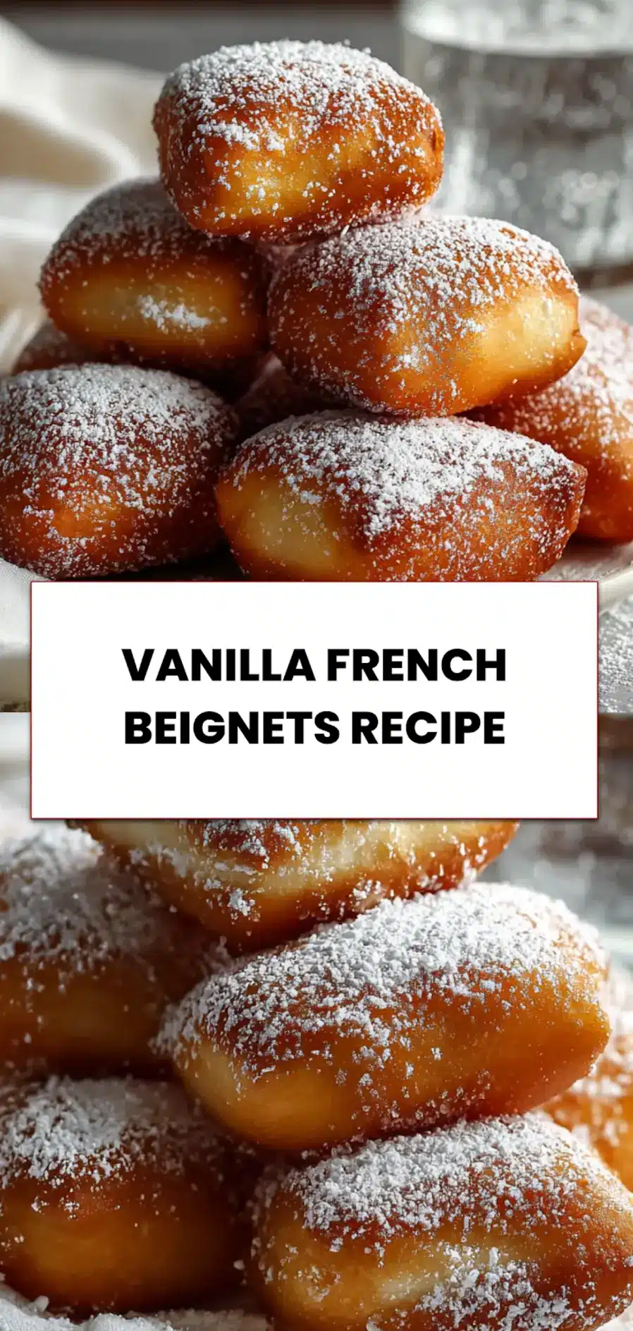 Golden vanilla French beignets dusted with powdered sugar on serving napkin for Pinterest
