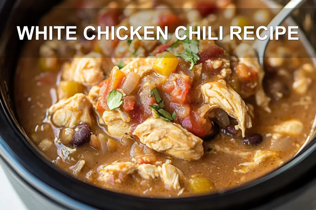WHITE CHICKEN CHILI RECIPE centered hero view, clean and uncluttered