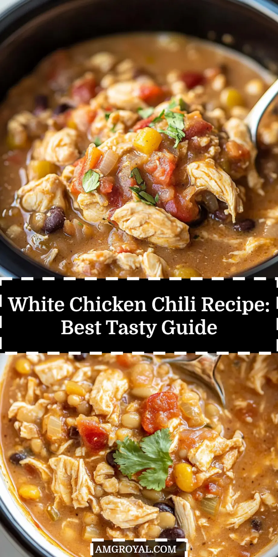 White Chicken Chili Recipe: Easy and Delicious Meal 5 Creamy white chicken chili in a bowl topped with cheese, avocado, and tortilla chips