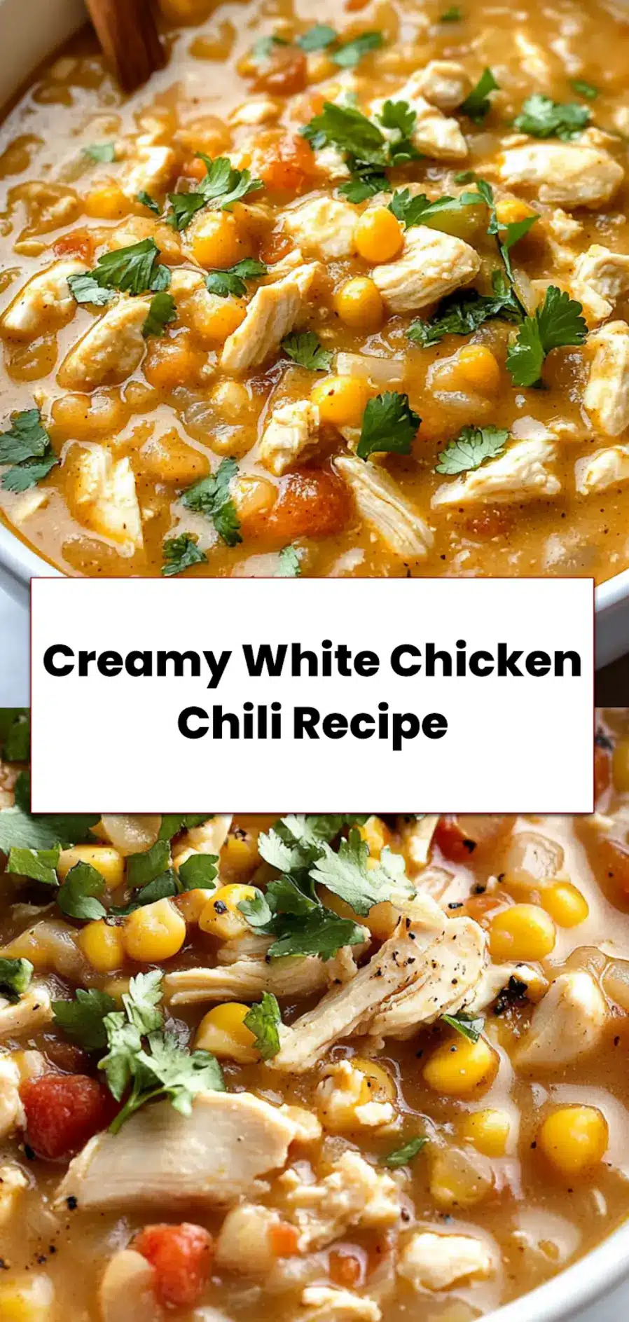 Creamy white chicken chili served in a bowl topped with herbs and shredded cheese