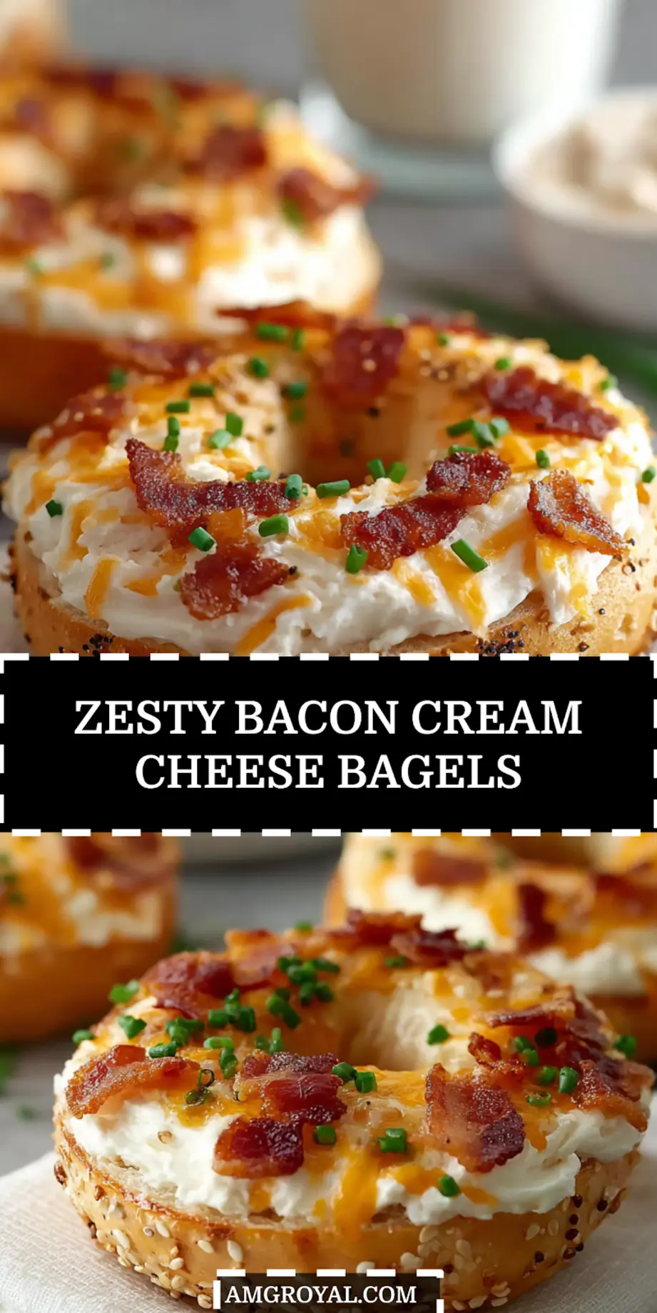 Golden toasted bagels topped with zesty bacon, melty cheddar and herb cream cheese, plated for serving