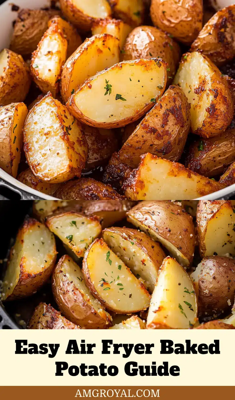Beautifully air-fried baked potato with crispy skin and fluffy interior, garnished and ready to be served, perfect for a recipe pin.