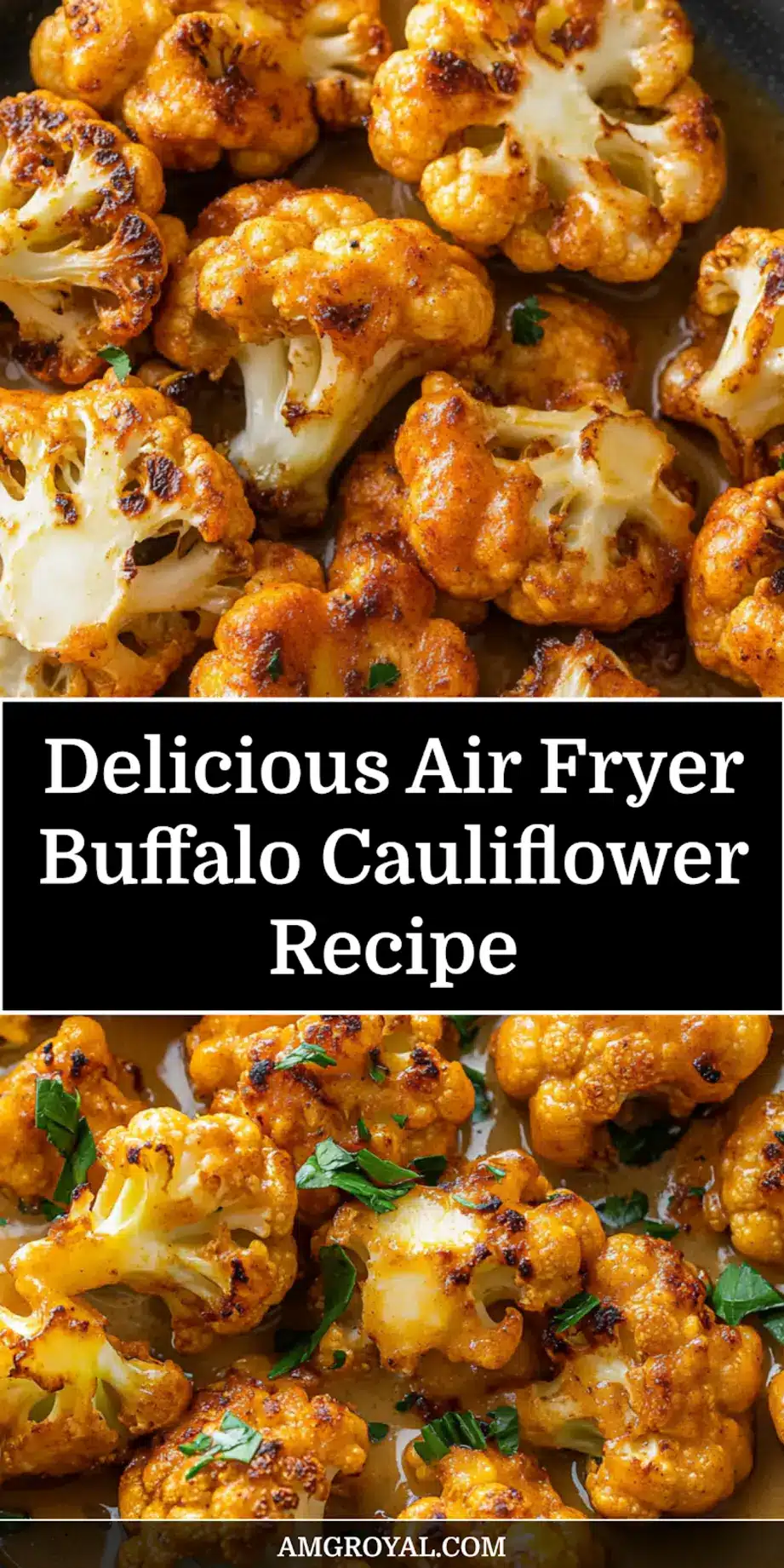 Pin for later: A vibrant bowl of Air Fryer Buffalo Cauliflower, served with cooling ranch and crisp celery.