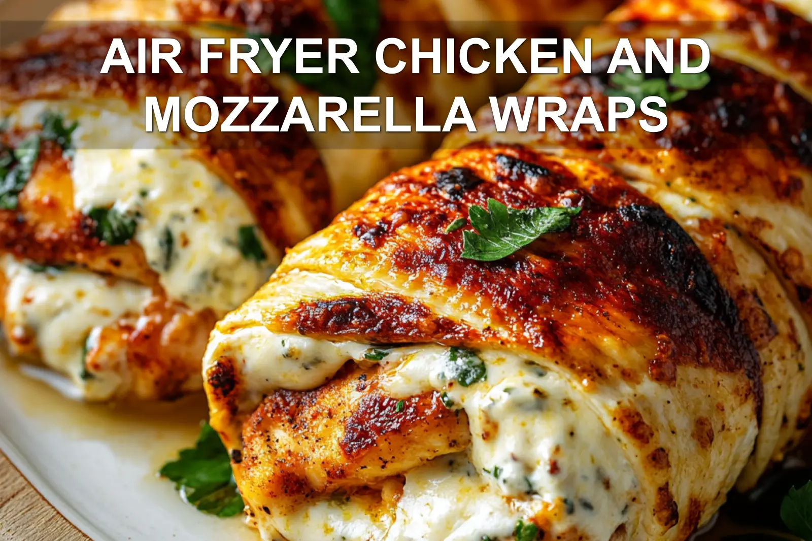 AIR FRYER CHICKEN AND MOZZARELLA WRAPS centered hero view, clean and uncluttered