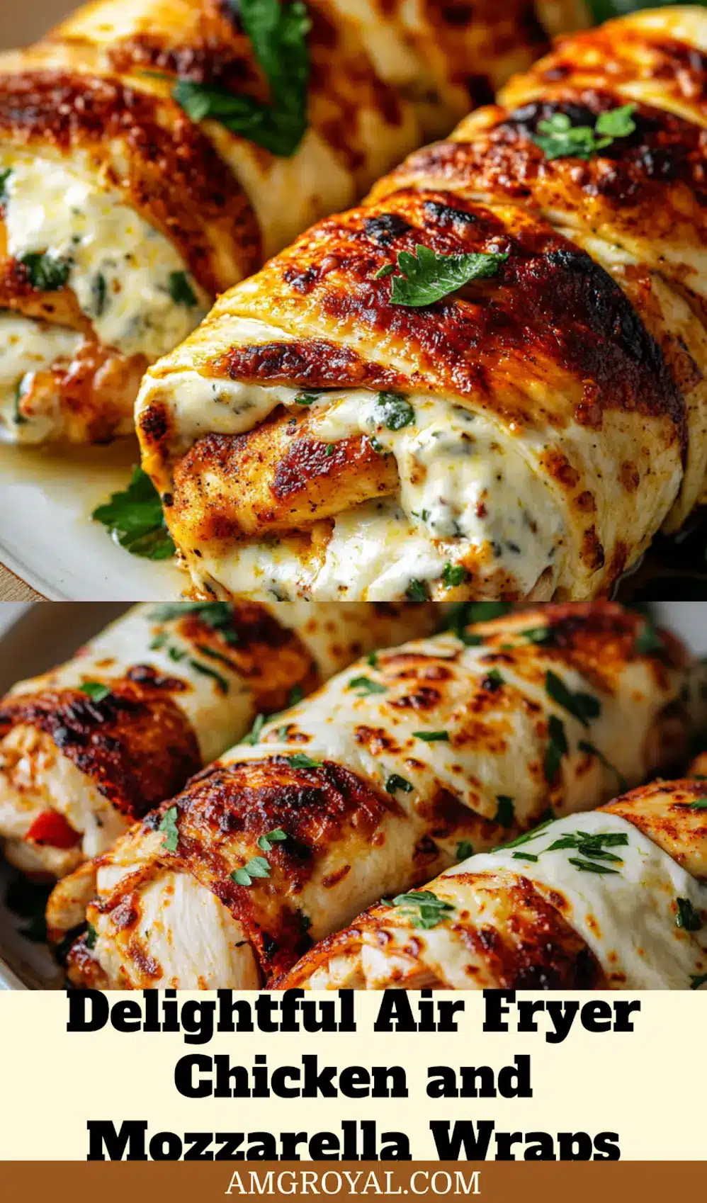 Crispy Air Fryer Chicken and Mozzarella Wraps with a perfect cheese pull, ideal for pinning to your recipe board