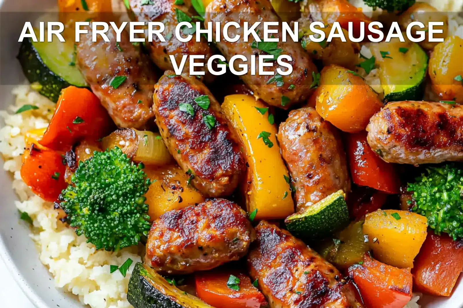 AIR FRYER CHICKEN SAUSAGE VEGGIES centered hero view, clean and uncluttered