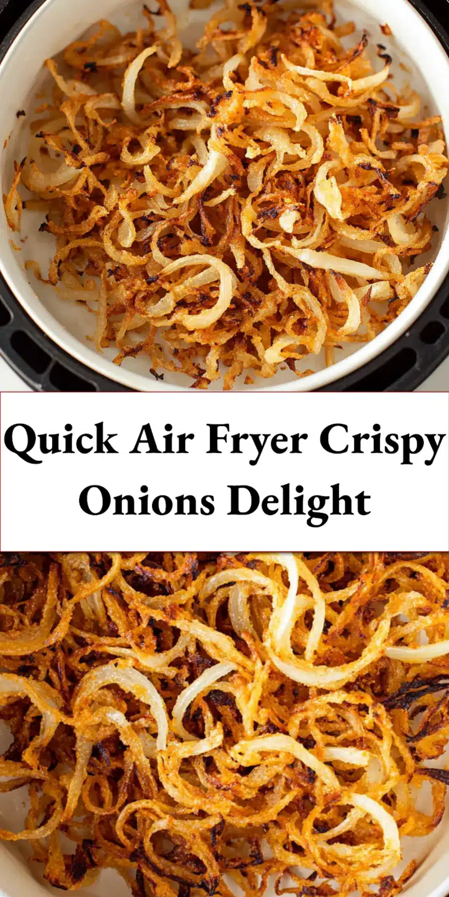 A golden pile of freshly air-fried crispy onions in a rustic bowl, garnished with a sprinkle of herbs, perfect for sharing on Pinterest.