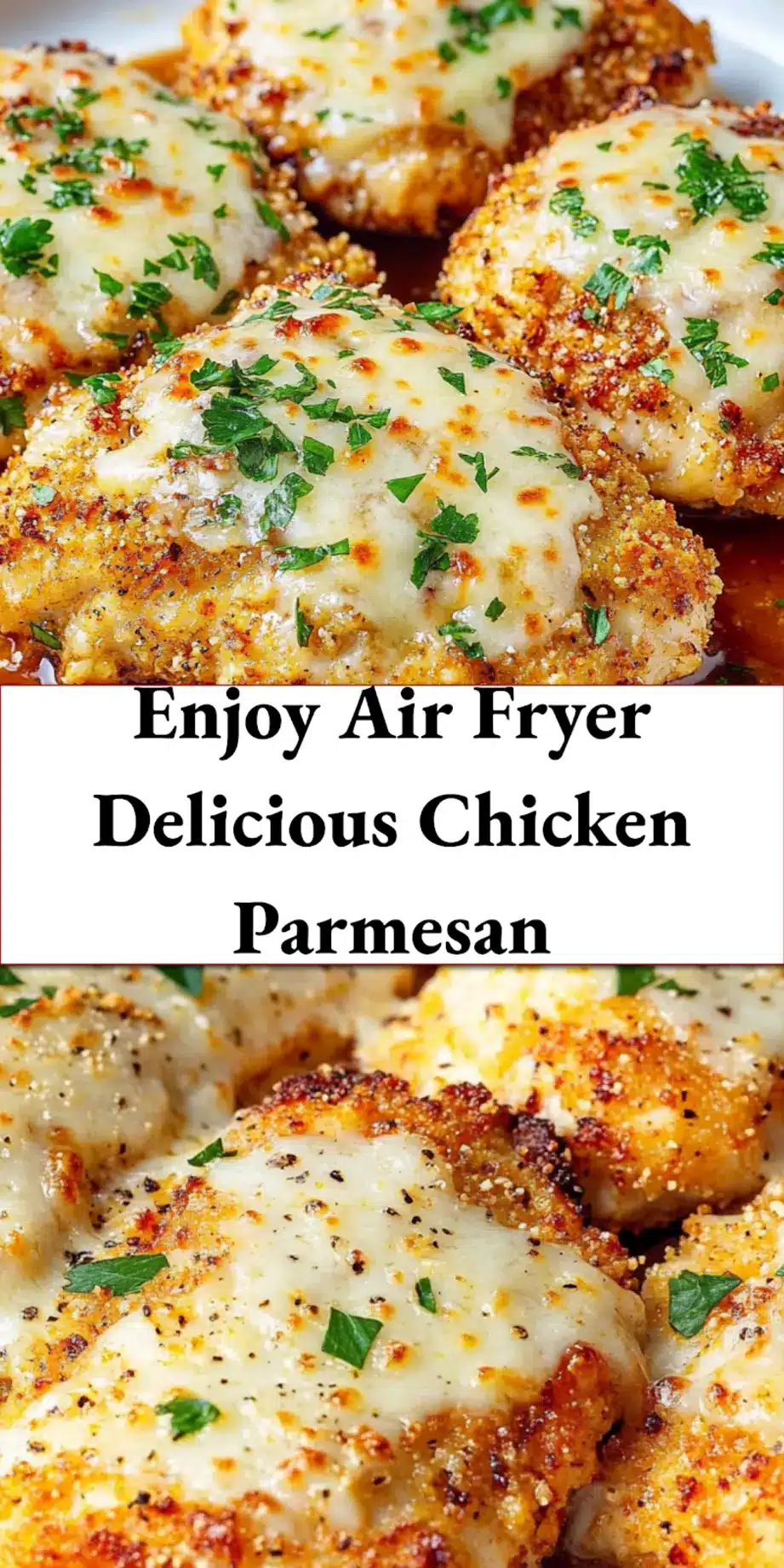 Air Fryer Delicious Chicken Parmesan Recipe to Love 7 A beautifully plated Air Fryer Delicious Chicken Parmesan, crispy and golden, garnished with fresh basil