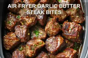 AIR FRYER GARLIC BUTTER STEAK BITES centered hero view, clean and uncluttered