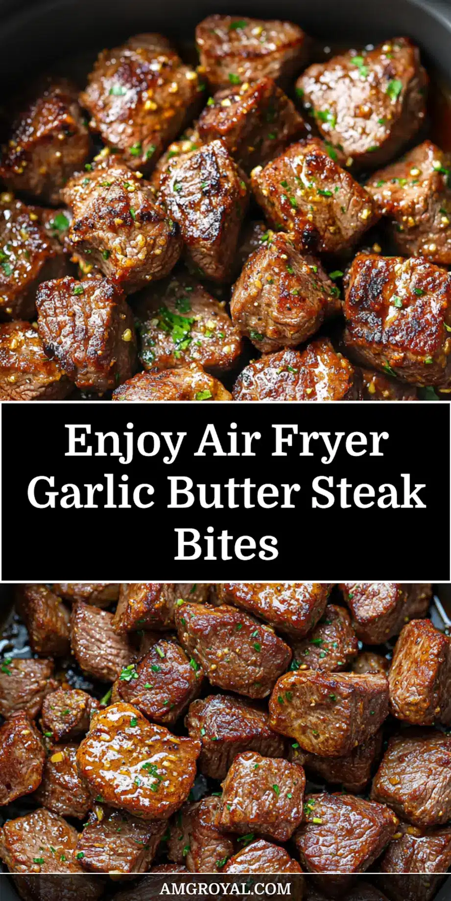 Pinterest pin showing a bowl of juicy Air Fryer Garlic Butter Steak Bites ready to serve.