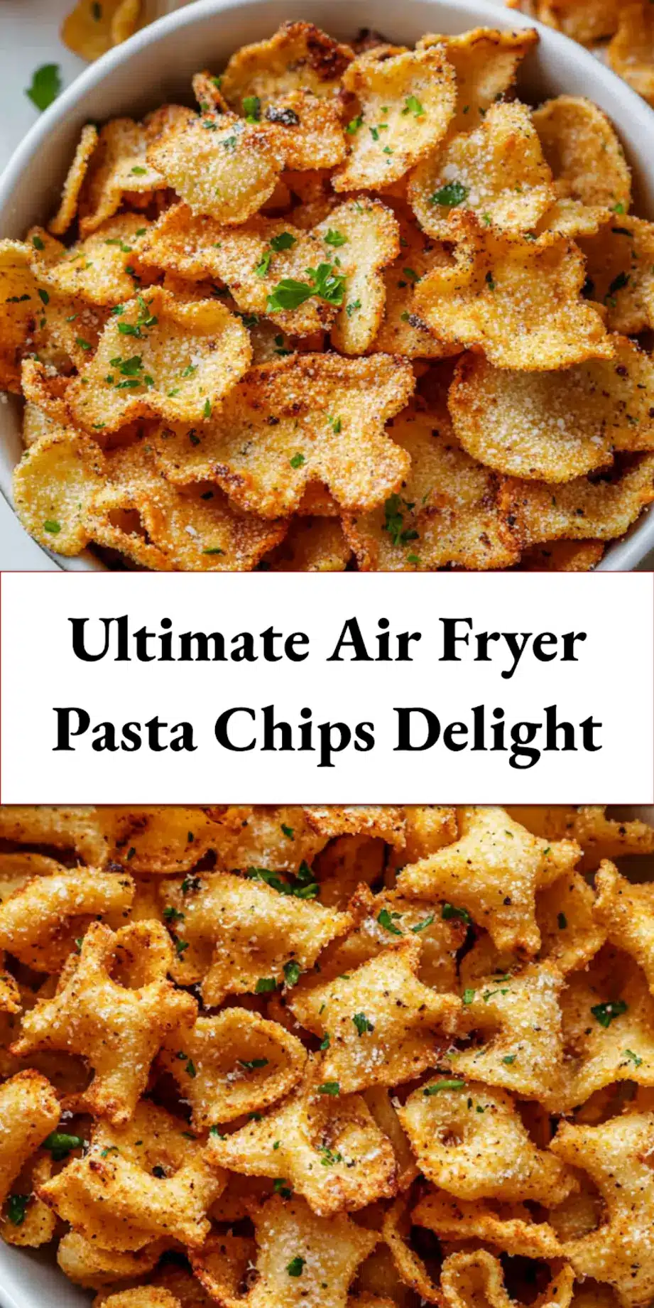 A close-up shot of perfectly golden and seasoned air fryer pasta chips, ideal for a snack or appetizer, suitable for Pinterest sharing.