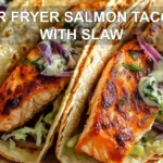 AIR FRYER SALMON TACOS WITH SLAW centered hero view, clean and uncluttered