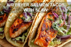 Air Fryer Salmon Tacos with Slaw: Easy and Delicious AIR FRYER SALMON TACOS WITH SLAW centered hero view, clean and uncluttered