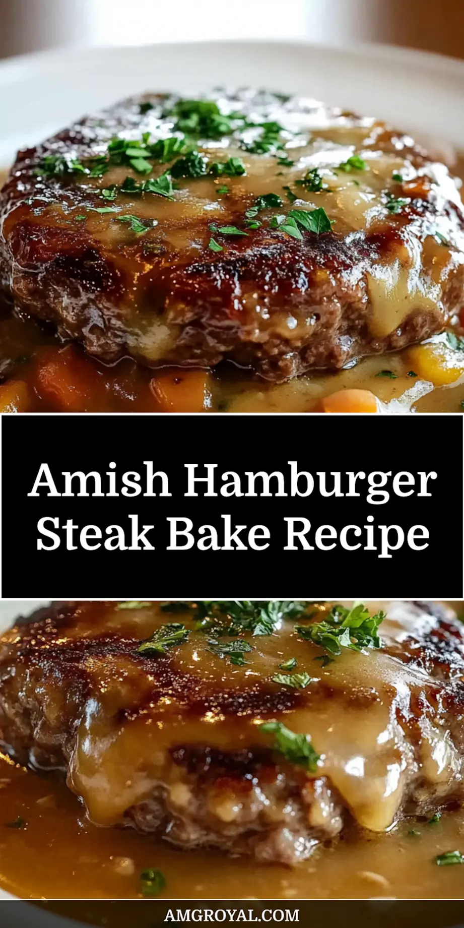 Amish Hamburger Steak Bake: A Cozy Comfort Feast 6 Finished Amish Hamburger Steak Bake in skillet with creamy gravy and fresh herbs
