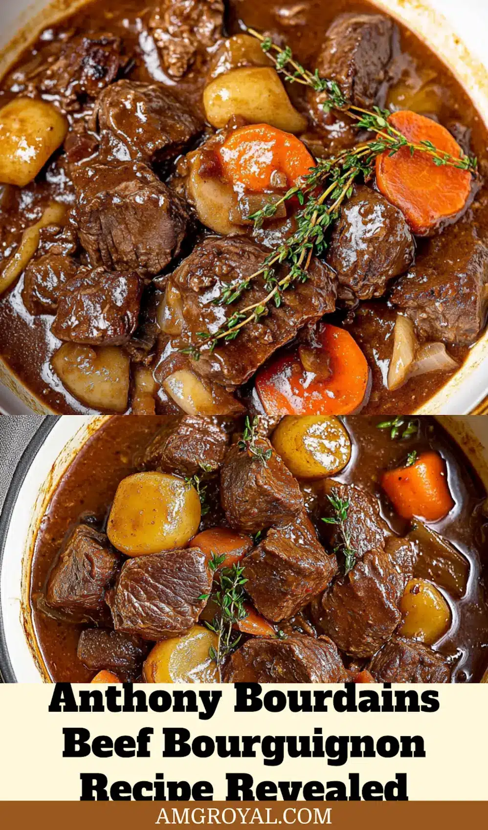 Anthony Bourdains Beef Bourguignon Recipe for Delicious Comfort 6 A rich, slow-cooked bowl of Anthony Bourdain's Beef Bourguignon, garnished with fresh parsley, ready to be served. Ideal for pinning on Pinterest.
