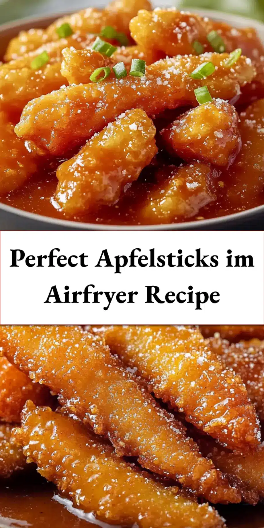 Crispy golden Apfelsticks in an air fryer, dusted with powdered sugar, ready to serve.