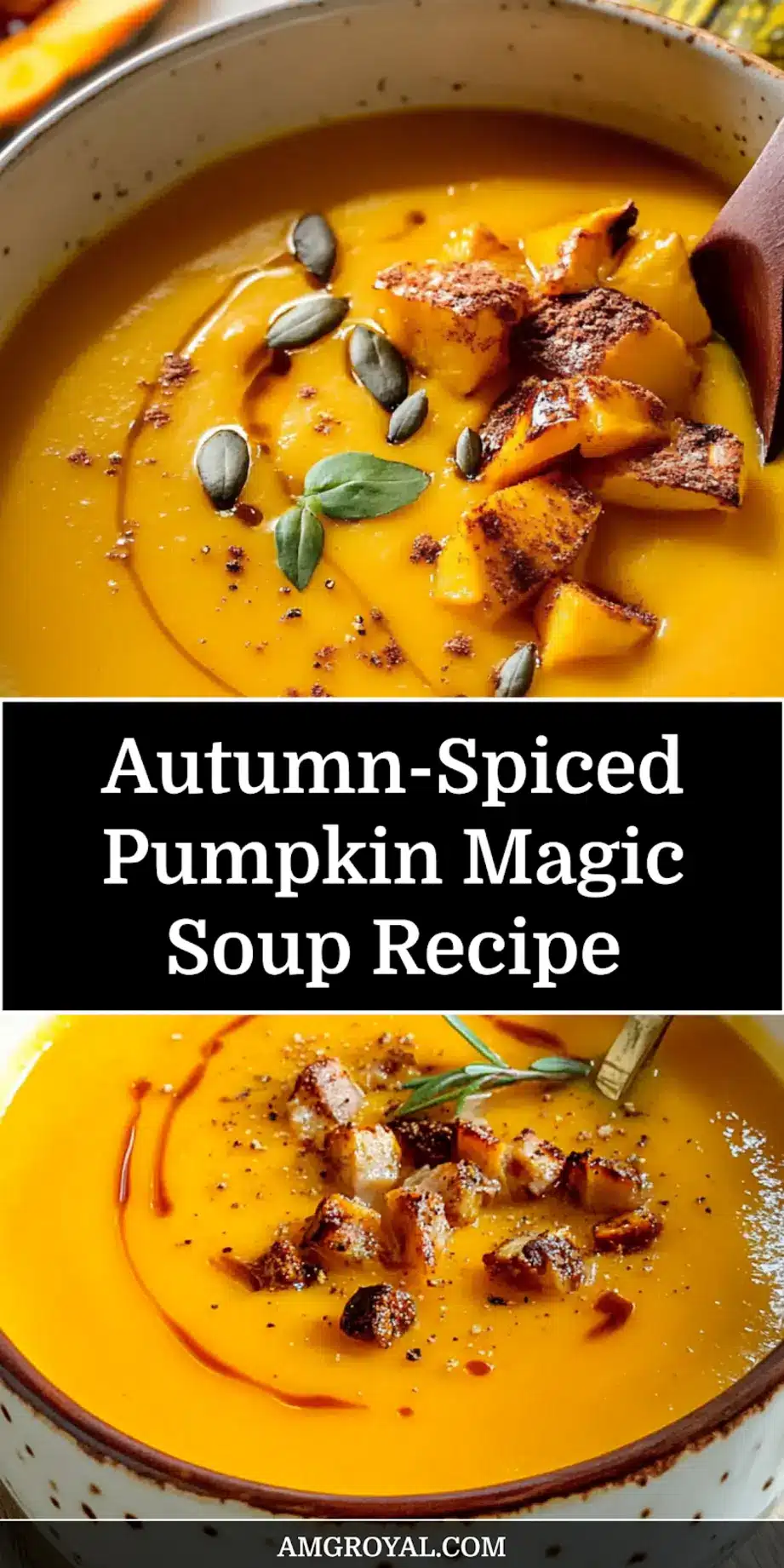 A rich bowl of Autumn Spiced Roasted Pumpkin Soup, garnished with fresh herbs and a swirl of coconut milk, ready for a Pinterest pin.