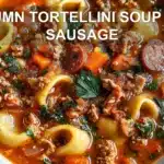 AUTUMN TORTELLINI SOUP WITH SAUSAGE centered hero view, clean and uncluttered