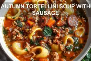 AUTUMN TORTELLINI SOUP WITH SAUSAGE centered hero view, clean and uncluttered