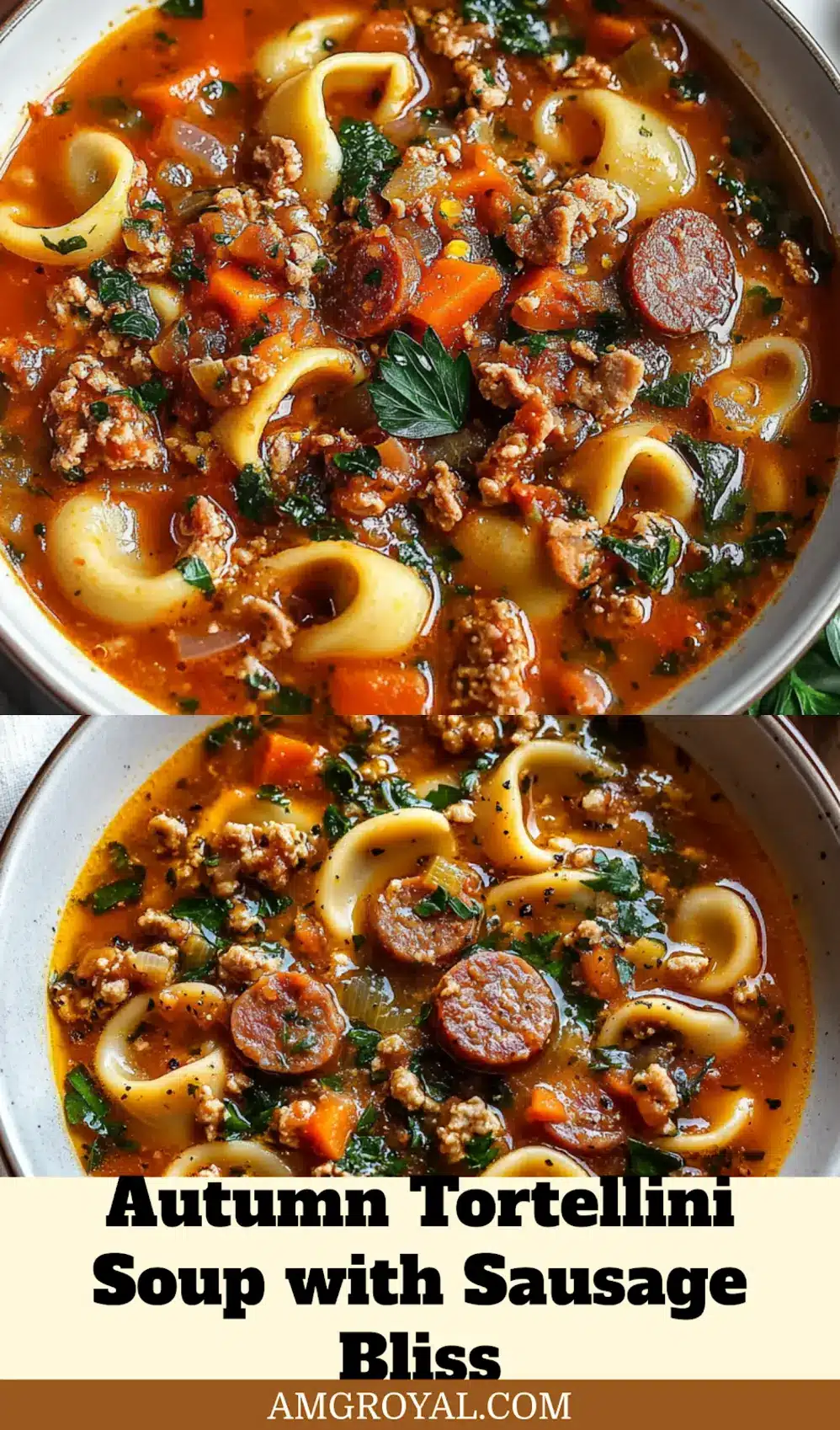 Autumn Tortellini Soup with Sausage: Cozy Delicious Recipe 6 AUTUMN TORTELLINI SOUP WITH SAUSAGE centered hero view, clean and uncluttered_pin