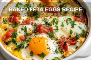 BAKED FETA EGGS RECIPE centered hero view, clean and uncluttered