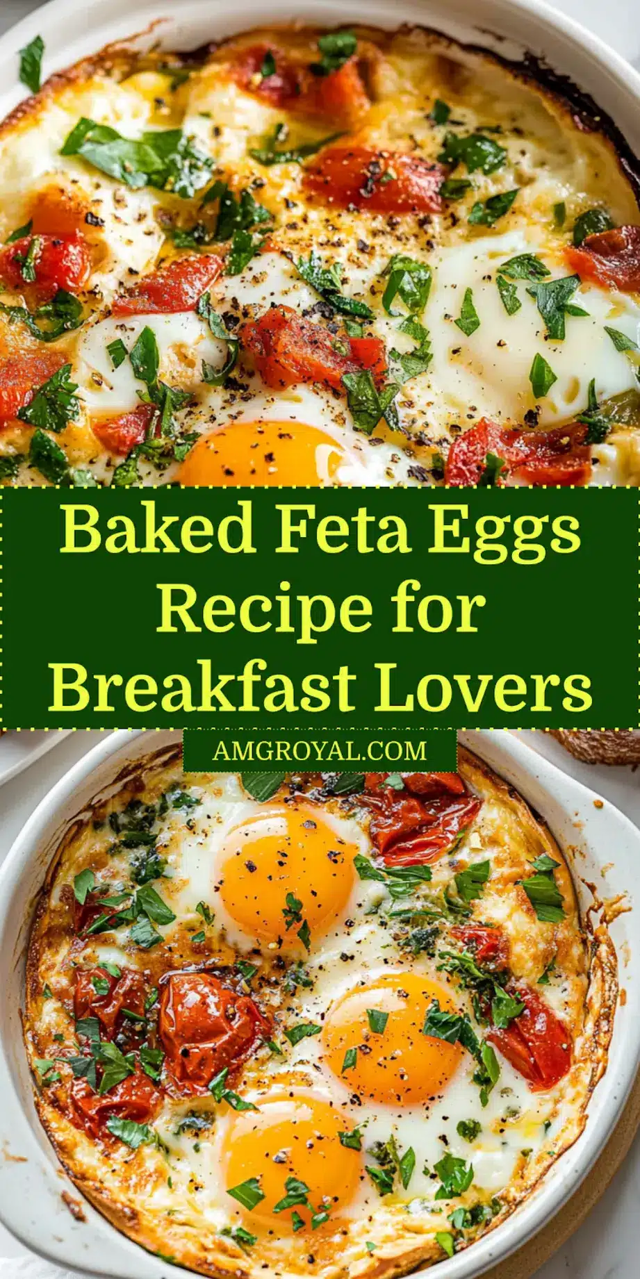 Pin-worthy image of baked feta eggs in a rustic skillet, featuring golden yolks, melted feta, and fresh vegetables, ready for dipping with toasted bread.