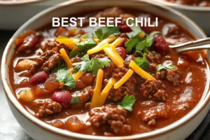 Best Beef Chili Recipe Guaranteed to Satisfy BEST BEEF CHILI centered hero view, clean and uncluttered
