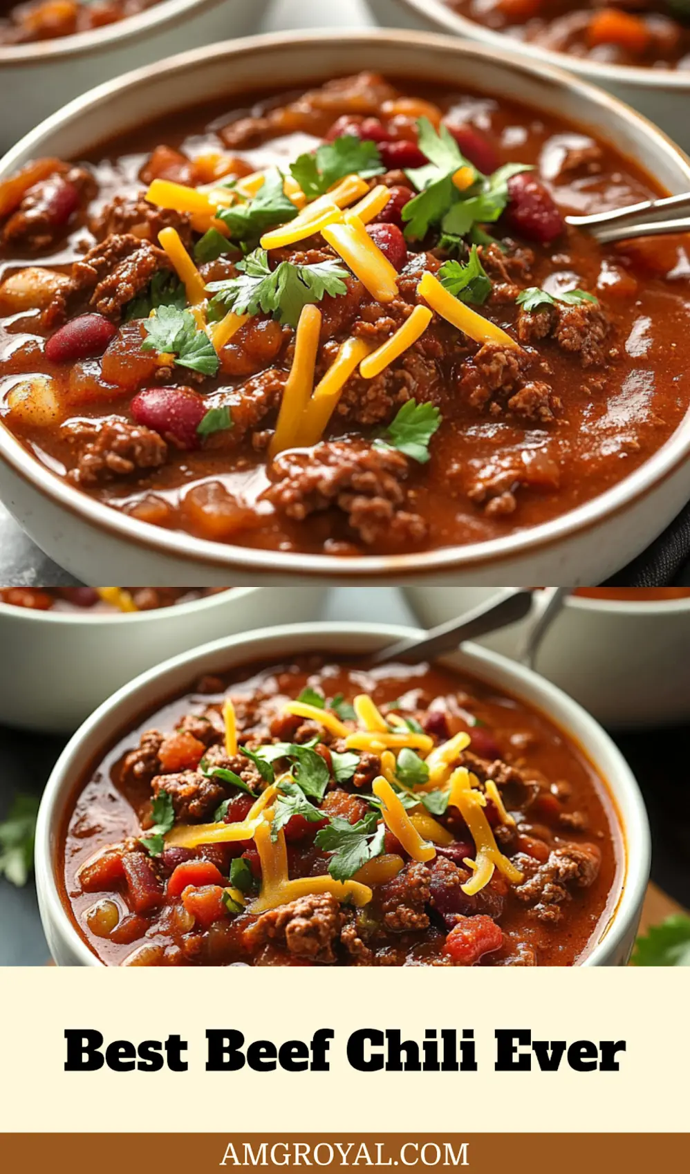 Best Beef Chili Recipe Guaranteed to Satisfy 7 A hearty bowl of Best Beef Chili, garnished generously with shredded cheddar cheese, chopped green onions, and a dollop of sour cream, ready to enjoy.