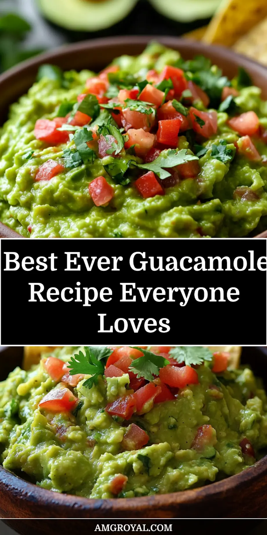 Vibrant bowl of homemade Best Ever Guacamole with tortilla chips, styled for a Pinterest graphic, featuring fresh avocado, lime, and cilantro.