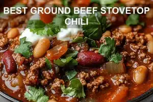 BEST GROUND BEEF STOVETOP CHILI centered hero view, clean and uncluttered