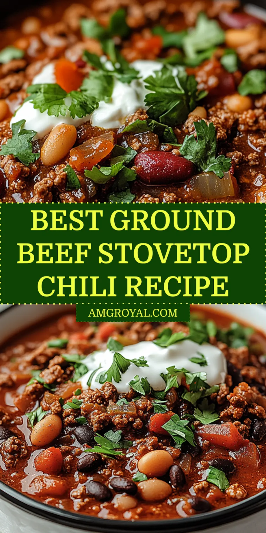 A vibrant close-up shot of homemade ground beef stovetop chili in a rustic bowl, garnished with shredded cheese and a dollop of sour cream, ready to be pinned