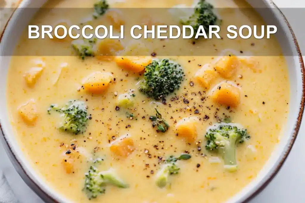 BROCCOLI CHEDDAR SOUP centered hero view, clean and uncluttered