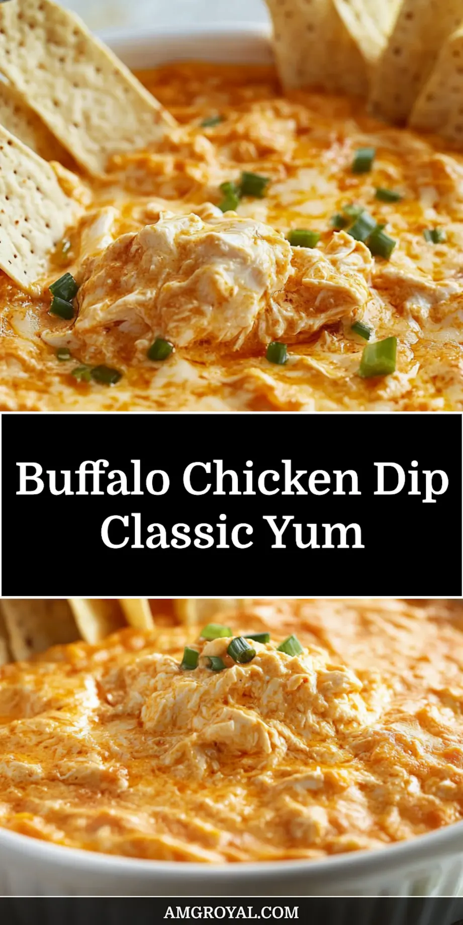 Buffalo Chicken Dip Classic Perfect Game Day Snack 6 Pin image view of fully baked buffalo chicken dip classic with golden cheddar topping