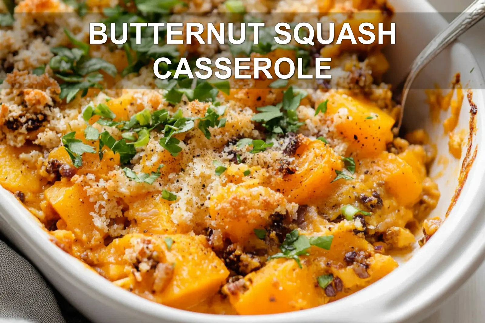 BUTTERNUT SQUASH CASSEROLE centered hero view, clean and uncluttered