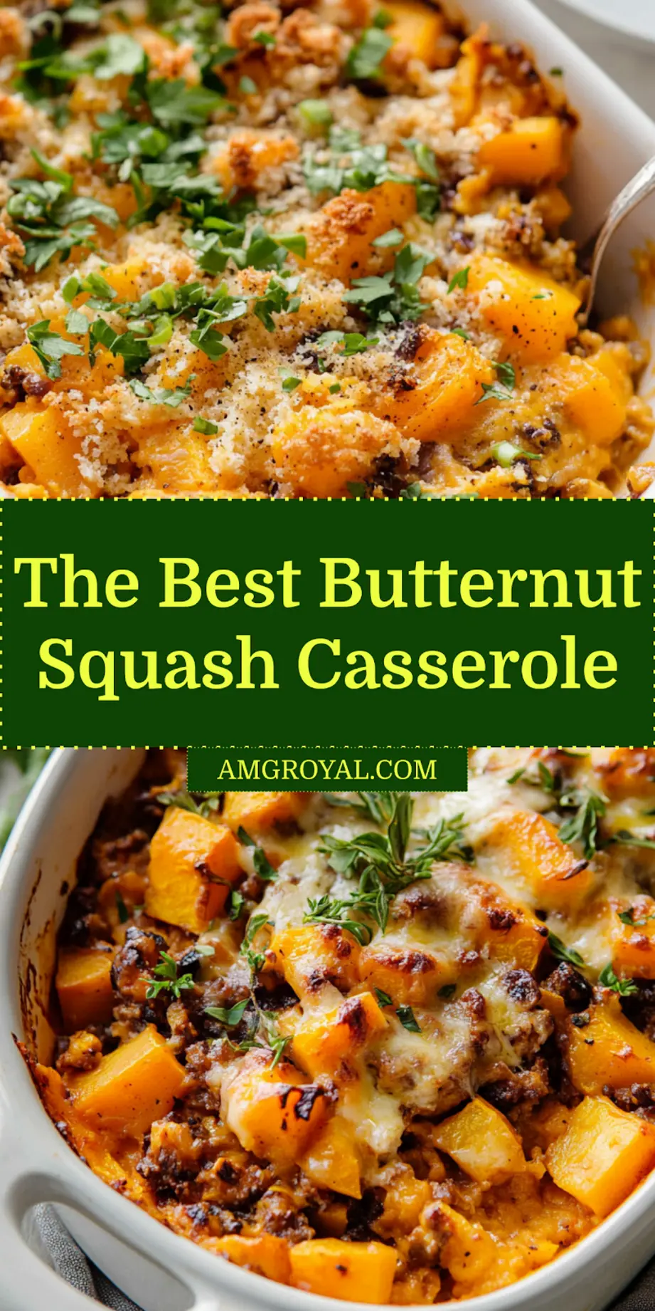 Golden-baked Butternut Squash Casserole, garnished with fresh herbs, ready to serve.