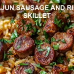 CAJUN SAUSAGE AND RICE SKILLET centered hero view, clean and uncluttered