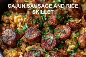CAJUN SAUSAGE AND RICE SKILLET centered hero view, clean and uncluttered