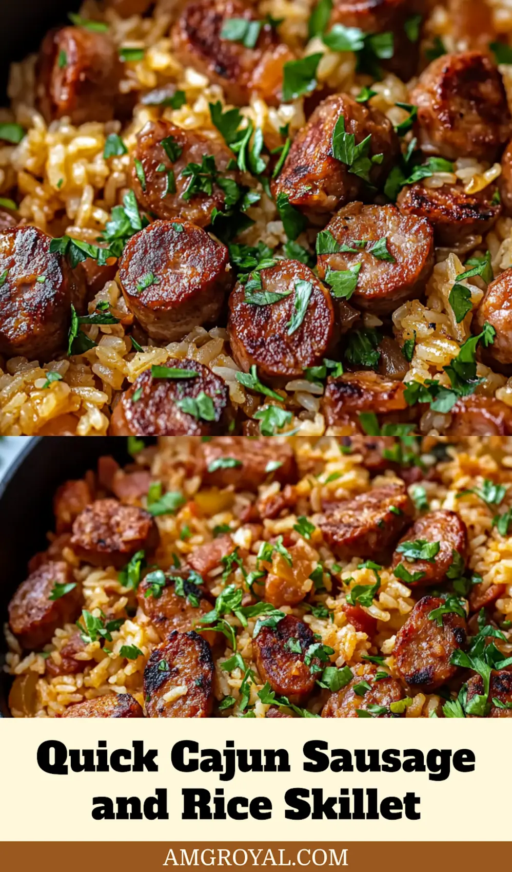 Close-up overhead view of a delicious Cajun Sausage and Rice Skillet, garnished with green onions, perfect for a Pinterest pin.