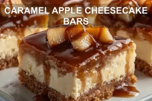 Caramel Apple Cheesecake Bars Perfect Fall Dessert CARAMEL APPLE CHEESECAKE BARS centered hero view, clean and uncluttered