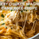 CHEESY CHICKEN SPAGHETTI CASSEROLE RECIPE centered hero view, clean and uncluttered