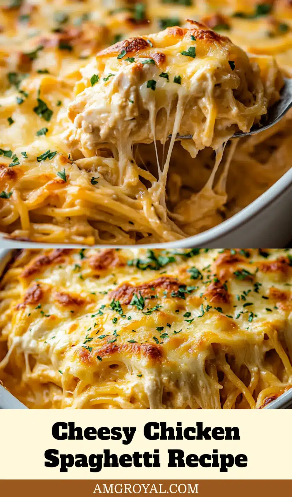 Close-up of a golden, bubbly Cheesy Chicken Spaghetti Casserole, ready to serve