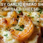 CHEESY GARLIC BREAD SHRIMP GRILLED CHEESE centered hero view, clean and uncluttered