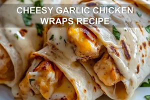 CHEESY GARLIC CHICKEN WRAPS RECIPE centered hero view, clean and uncluttered