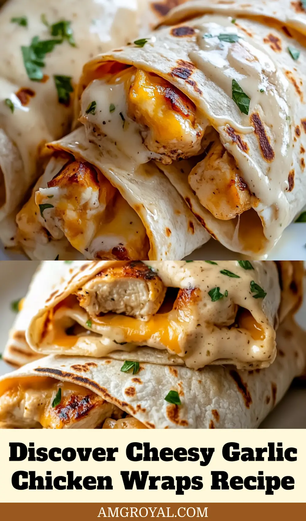 Cheesy Garlic Chicken Wraps Recipe Quick and Delicious 6 Golden-brown Cheesy Garlic Chicken Wraps, sliced in half and stacked on a plate, revealing melted cheese and shredded chicken filling.