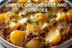 CHEESY GROUND BEEF AND POTATOES centered hero view, clean and uncluttered