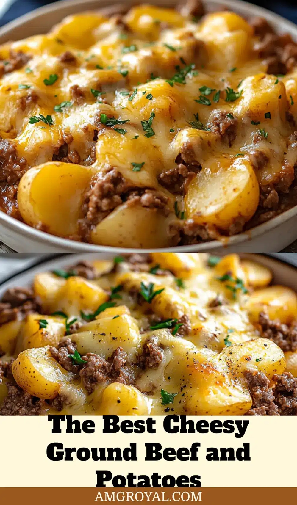 Cheesy Ground Beef and Potatoes: Ultimate Comfort Food 6 CHEESY GROUND BEEF AND POTATOES centered hero view, clean and uncluttered_pin