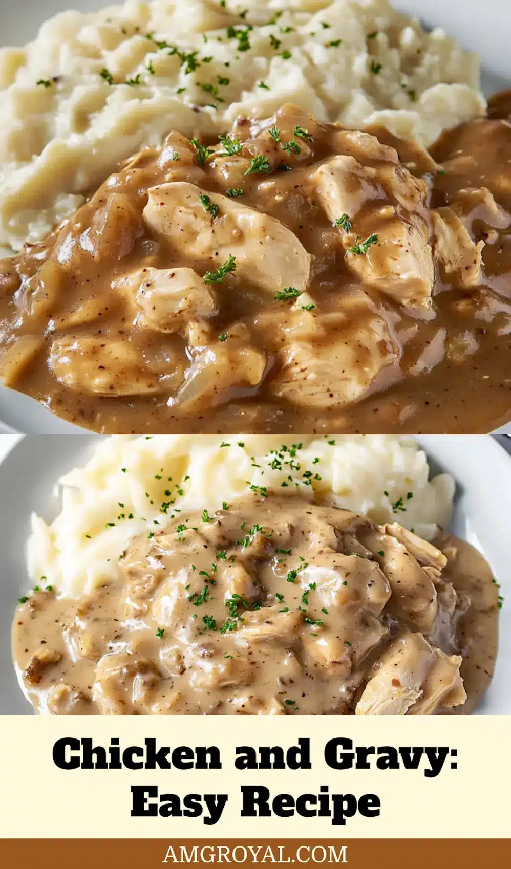 Overhead shot of a platter piled high with tender chicken and rich, creamy gravy, ready for a family meal.