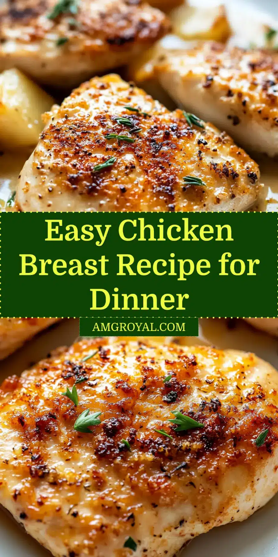 Golden-brown baked chicken breast halves served on a platter with fresh herbs, suitable for a Pinterest pin