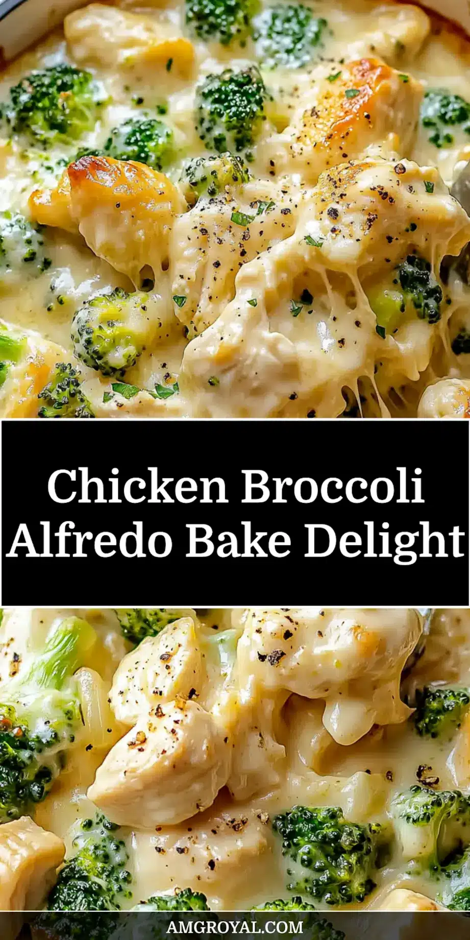 Pin-worthy image of a golden, bubbly Chicken Broccoli Alfredo Bake in a ceramic baking dish, ready for a cozy family dinner.